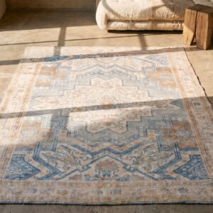 Light Washed Out Blue Color Tribal Geometric Design Antique Cotton Agra Rug (SKU 19441) - styled overhead view