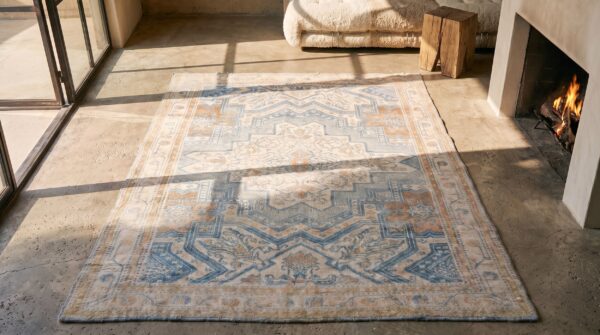 Light washed out blue color tribal geometric design antique cotton agra rug 2 Light washed out blue color tribal geometric design antique cotton agra rug (sku 19441) - styled overhead view