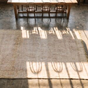 Light Washed Out Cream Color Antique Indian Cotton Agra Rug (SKU 20128) - styled overhead view