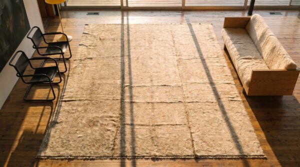 Light washed out decorative antique large size indian carpet 2 Light washed out decorative antique large size indian carpet (sku 19642) - styled overhead view