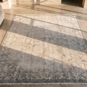 Light Washed Out Gray Color Antique Chinese Art Deco Rug (SKU 21946) - styled overhead view