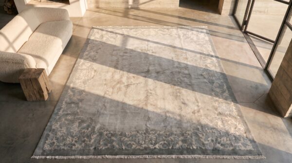 Light washed out gray color antique chinese art deco rug 2 Light washed out gray color antique chinese art deco rug (sku 21946) - styled overhead view