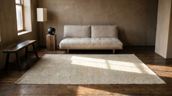 Light washed out green color antique indian cotton agra scatter rug (sku 20123) - room view