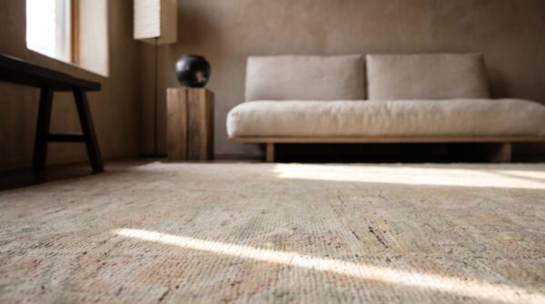 Light washed out green color antique indian cotton agra scatter rug (sku 20123) - in-room detail