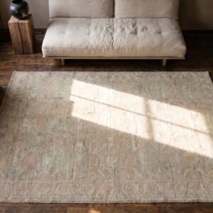 Light Washed Out Green Color Antique Indian Cotton Agra Scatter Rug (SKU 20123) - styled overhead view
