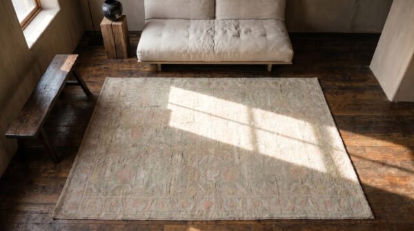 Light washed out green color antique indian cotton agra scatter rug (sku 20123) - styled overhead view