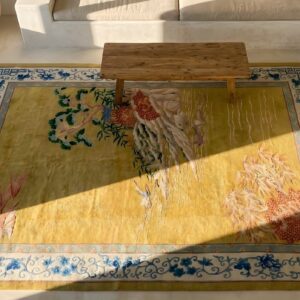 Light Yellow Antique Artistic Scenic Design Chinese Deco Rug (SKU 24227) - styled overhead view