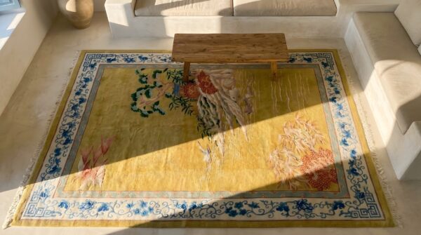 Light yellow antique artistic scenic design chinese deco rug (sku 24227) - styled overhead view