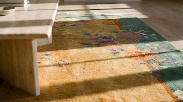 Light yellow color antique decorative chinese deco area rug 7 Light yellow color antique decorative chinese deco area rug (sku 24583) - in-room detail