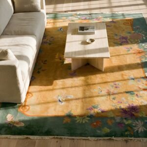 Light Yellow Color Antique Decorative Chinese Deco Area Rug (SKU 24583) - styled overhead view