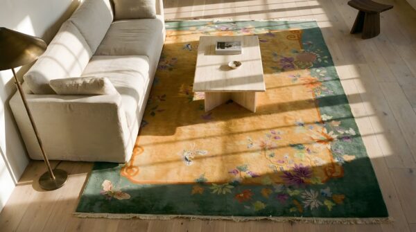 Light yellow color antique decorative chinese deco area rug 2 Light yellow color antique decorative chinese deco area rug (sku 24583) - styled overhead view