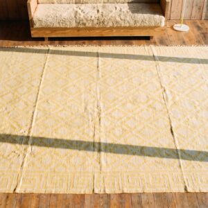 Light Yellow Color Antique Indian Flatweave Geometric Oversized Cotton Dhurrie Rug (SKU 19068) - in-room detail