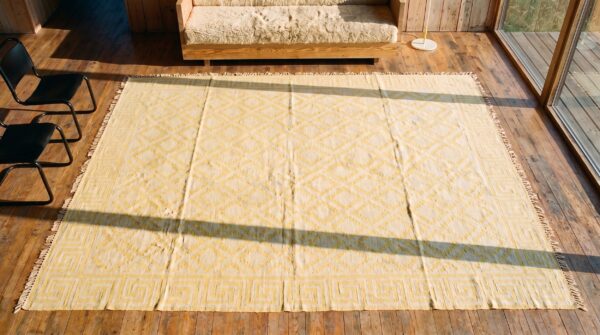 Light yellow color antique indian flatweave geometric oversized cotton dhurrie rug 11 Light yellow color antique indian flatweave geometric oversized cotton dhurrie rug (sku 19068) - in-room detail