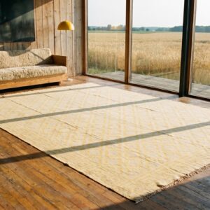 Light Yellow Color Antique Indian Flatweave Geometric Oversized Cotton Dhurrie Rug (SKU 19068) - styled overhead view