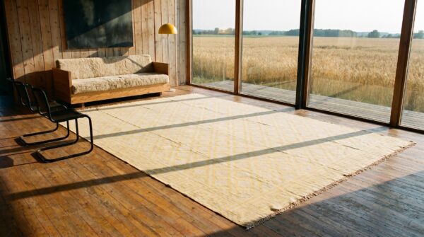 Light yellow color antique indian flatweave geometric oversized cotton dhurrie rug 2 Light yellow color antique indian flatweave geometric oversized cotton dhurrie rug (sku 19068) - styled overhead view