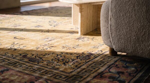 Light yellow antique distressed oversized chinese shabby chic knotted rug 10 Light yellow antique distressed oversized chinese shabby chic knotted rug (sku 17326) - in-room detail