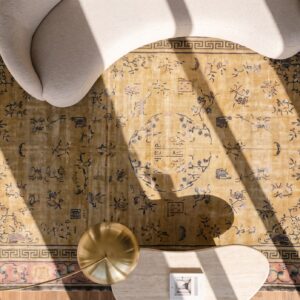 Light Yellow Antique Distressed Oversized Chinese Shabby Chic Knotted Rug (SKU 17326) - styled overhead view