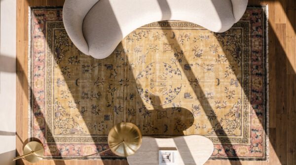 Light yellow antique distressed oversized chinese shabby chic knotted rug 2 Light yellow antique distressed oversized chinese shabby chic knotted rug (sku 17326) - styled overhead view