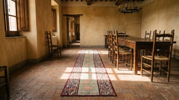 Antique long and narrow american hooked floral folk art hallway runner rug 7 Antique long and narrow american hooked floral folk art hallway runner rug (sku 17202) - room view