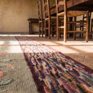 Antique Long and Narrow American Hooked Floral Folk Art Hallway Runner Rug (SKU 17202) - in-room detail