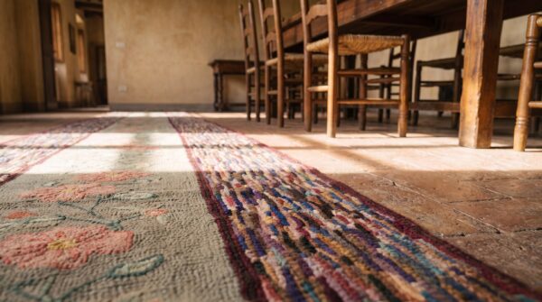 Antique long and narrow american hooked floral folk art hallway runner rug 8 Antique long and narrow american hooked floral folk art hallway runner rug (sku 17202) - in-room detail