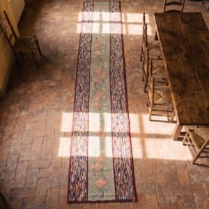 Antique Long and Narrow American Hooked Floral Folk Art Hallway Runner Rug (SKU 17202) - styled overhead view