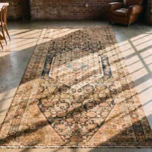 Antique Long and Narrow Northwest Persian Tribal Baisley Pattern Gallery Rug (SKU 18863) - styled overhead view