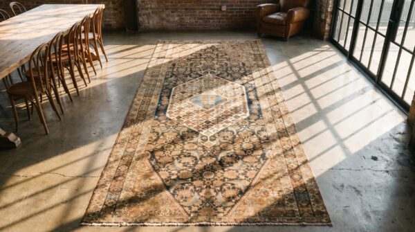 Antique long and narrow northwest persian tribal baisley pattern gallery rug 2 Antique long and narrow northwest persian tribal baisley pattern gallery rug (sku 18863) - styled overhead view