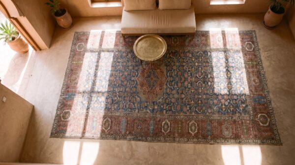 Long and narrow rare antique 18th century caucasian gallery carpet (sku 24434) - styled overhead view