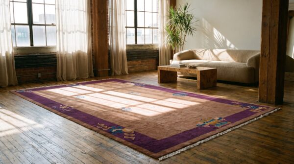 Antique long and narrow room size coral chinese art deco wool pile carpet 7 Antique long and narrow room size coral chinese art deco wool pile carpet (sku 22631) - room view