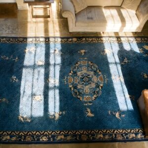 Long and Narrow Shape Large Oversized Antique Blue Color Chinese Rug (SKU 25682) - styled overhead view