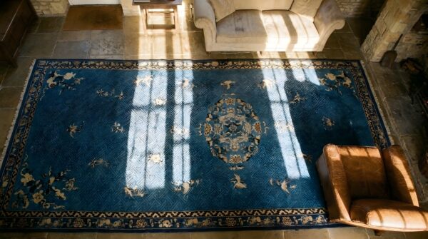 Long and narrow shape large oversized antique blue color chinese rug 2 Long and narrow shape large oversized antique blue color chinese rug (sku 25682) - styled overhead view