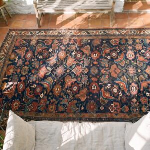 Antique Long and Narrow Size Blue Tribal Persian Bidjar Wool Rug (SKU 25083) - styled overhead view