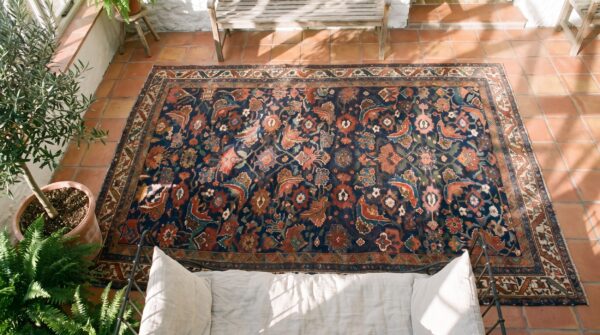 Antique long and narrow size blue tribal persian bidjar wool rug 2 Antique long and narrow size blue tribal persian bidjar wool rug (sku 25083) - styled overhead view