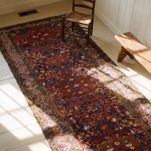 Long and Narrow Antique Tribal Colorful Jewel Tone Caucasian Seychour Rug (SKU 21727) - styled overhead view