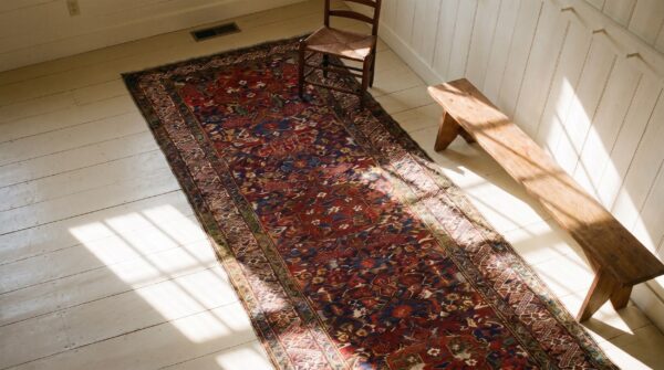 Long and narrow antique tribal colorful jewel tone caucasian seychour rug 2 Long and narrow antique tribal colorful jewel tone caucasian seychour rug (sku 21727) - styled overhead view