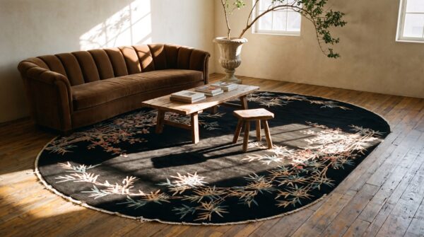 Lush wool pile antique chinese art deco black oval rug 7 Lush wool pile antique chinese art deco black oval rug (sku 23429) - room view