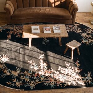 Lush Wool Pile Antique Chinese Art Deco Black Oval Rug (SKU 23429) - styled overhead view