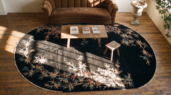 Lush wool pile antique chinese art deco black oval rug 2 Lush wool pile antique chinese art deco black oval rug (sku 23429) - styled overhead view