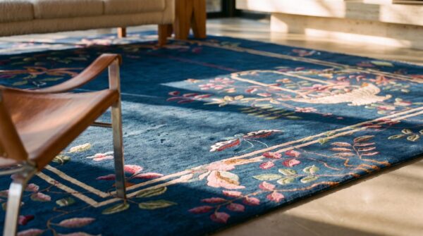 Luxurious blue color wool pile antique art deco chinese rug (sku 25247) - in-room detail