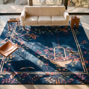 Luxurious Blue Color Wool Pile Antique Art Deco Chinese Rug (SKU 25247) - styled overhead view
