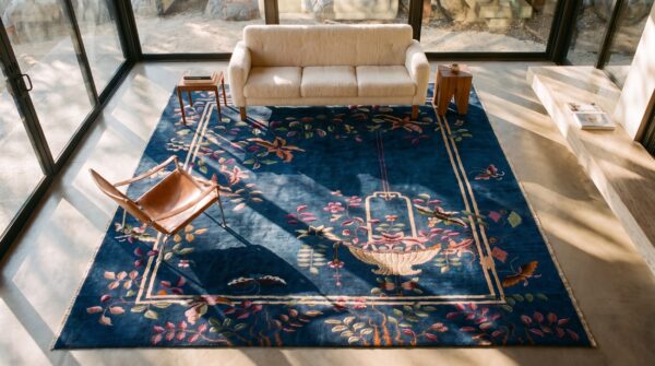 Luxurious blue color wool pile antique art deco chinese rug (sku 25247) - styled overhead view