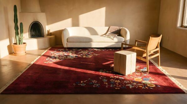 Luxurious deep red color soft wool pile antique deco chinese rug 7 Luxurious deep red color soft wool pile antique deco chinese rug (sku 23980) - room view
