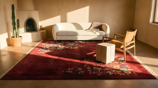 Luxurious deep red color soft wool pile antique deco chinese rug 8 Luxurious deep red color soft wool pile antique deco chinese rug (sku 23980) - in-room detail