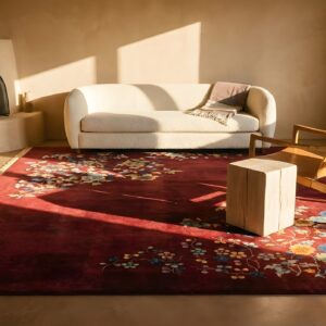 Luxurious Deep Red Color Soft Wool Pile Antique Deco Chinese Rug (SKU 23980) - styled overhead view