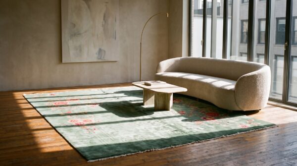 Luxurious minimalist seafoam green color antique chinese art deco rug 6 Luxurious minimalist seafoam green color antique chinese art deco rug (sku 22336) - room view
