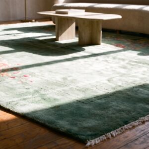 Luxurious Minimalist Seafoam Green Color Antique Chinese Art Deco Rug (SKU 22336) - in-room detail