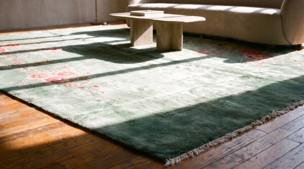 Luxurious minimalist seafoam green color antique chinese art deco rug 7 Luxurious minimalist seafoam green color antique chinese art deco rug (sku 22336) - in-room detail