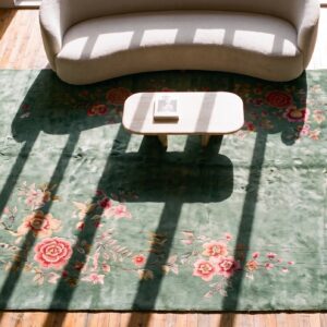 Luxurious Minimalist Seafoam Green Color Antique Chinese Art Deco Rug (SKU 22336) - styled overhead view