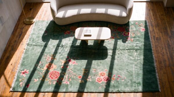 Luxurious minimalist seafoam green color antique chinese art deco rug 2 Luxurious minimalist seafoam green color antique chinese art deco rug (sku 22336) - styled overhead view